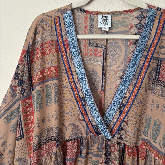 Ivy Jane Boho Printed V-Neck Flowy Peasant High Low Blouse Top - Picture 3 of 8